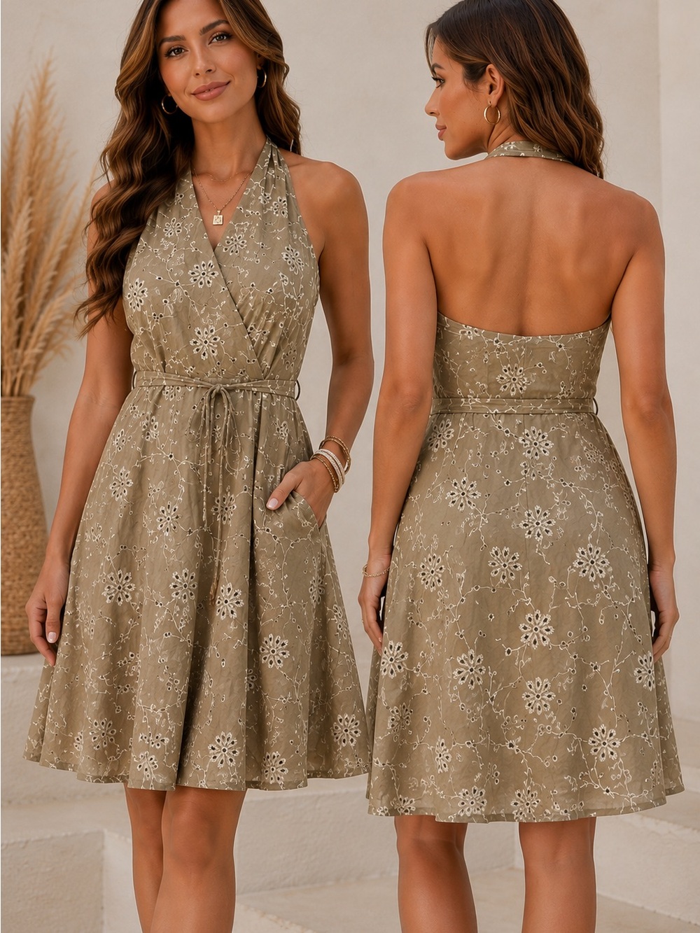 Joie Olive Halter Wrap Eyelet Midi Dress
